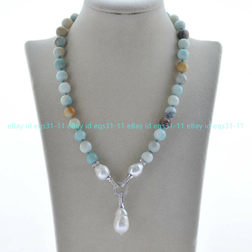 Natural Multicolor Amazonite Beaded White Keshi Baroque Pearl Pendant Necklace
