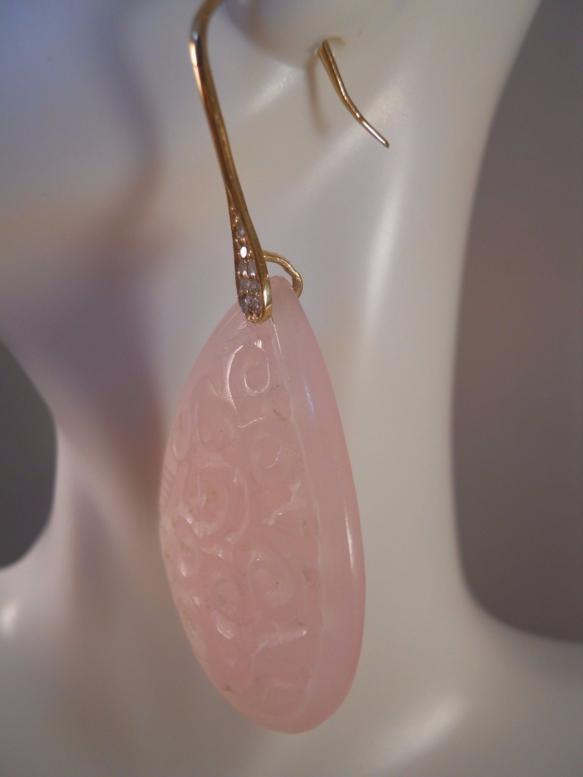 HEAVY 15.67G 10K YELLOW GOLD 66.10CT PINK QUARTZ DIAMOND CARVED FLOWER EARRINGS