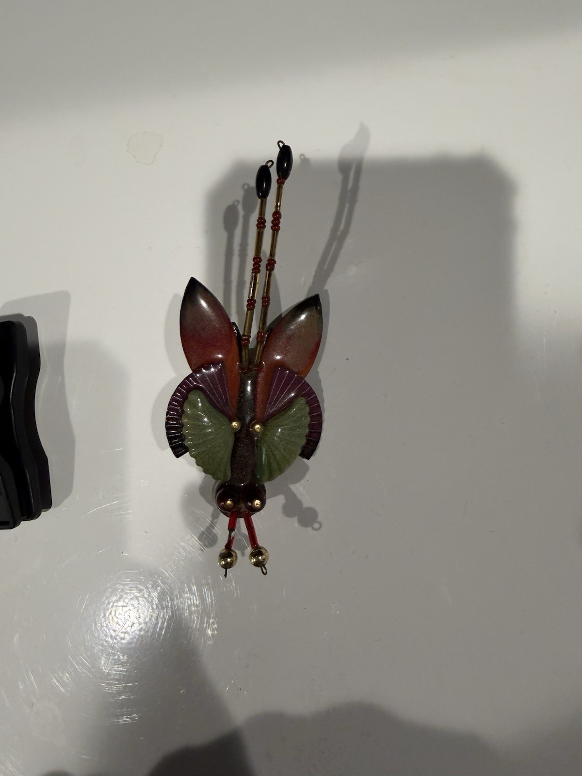 Signed Butterfly Insect Brooch Pin Gold Tone Green Red Black Beaded Antennae