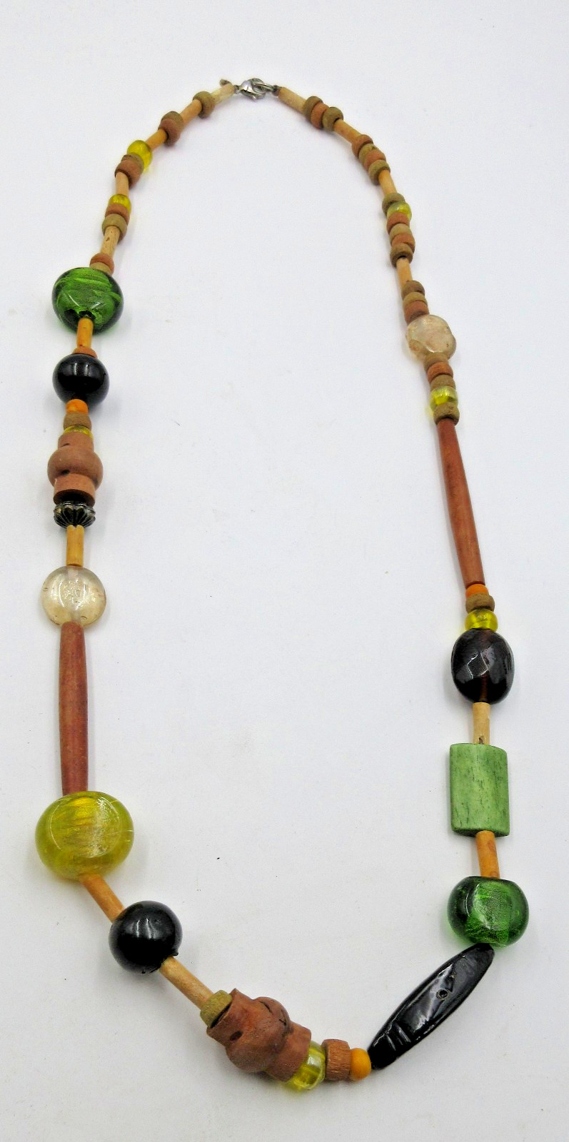 VTG UNUSUAL 33″ long green blue brown silver tone bead strand wood Necklace