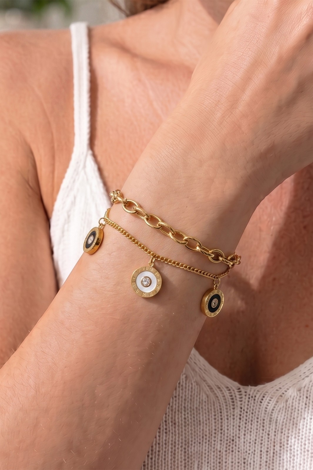 Stainless Steel 18K Gold Plated Roman Numerals Layered Charm Bracelet Jewelry