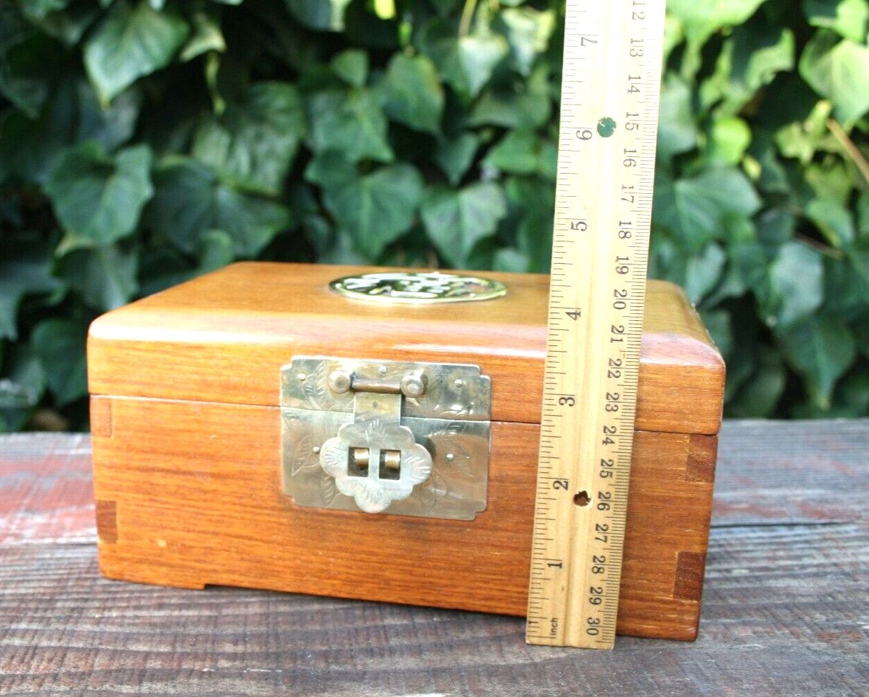 Vintage Chinese Wood & Brass Jewelry Box with Gold Silk Lining Dovetailed