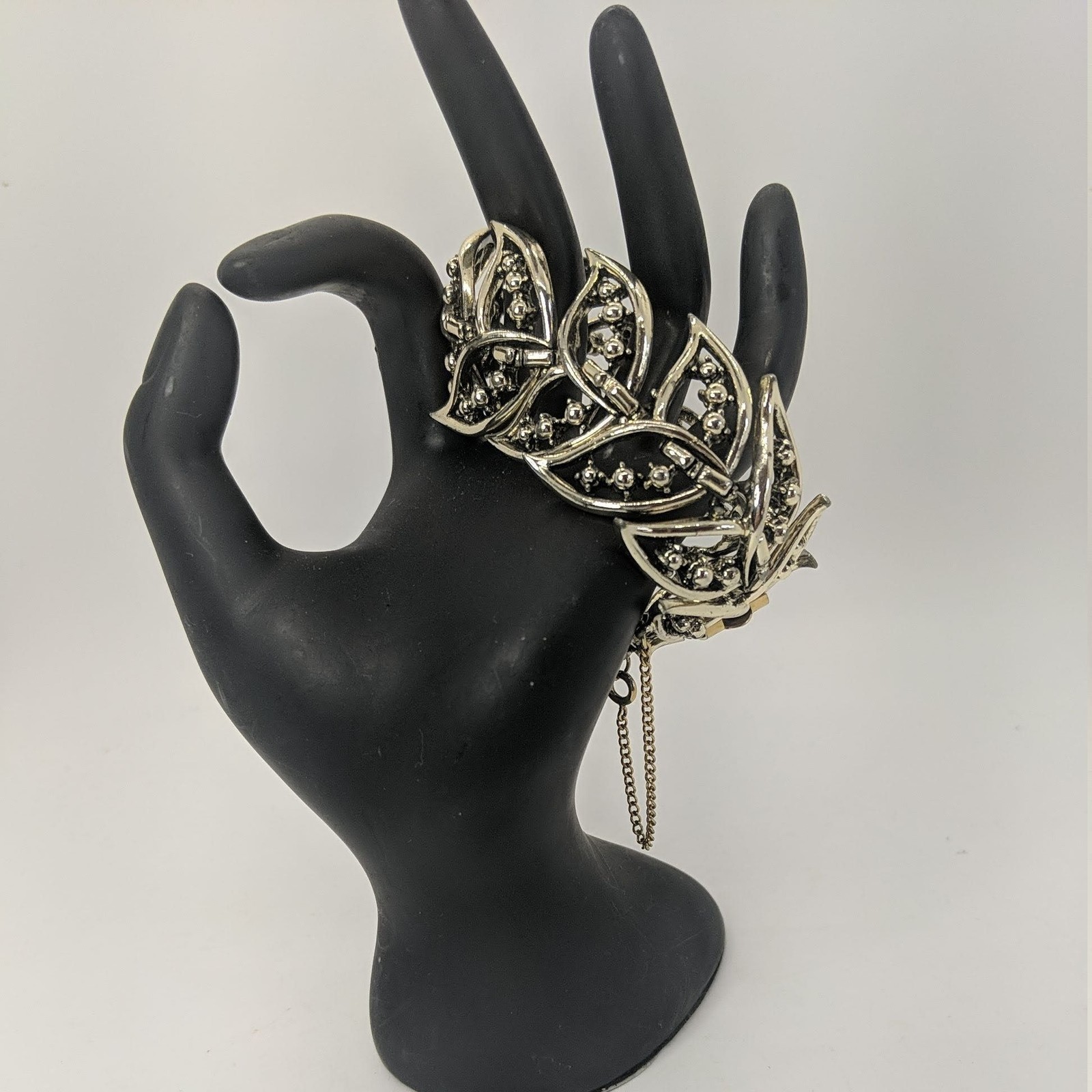 Rousseau Link BRACELET Gold Tone Panels Tail Leaf Fold Over Clasp Safety Chain
