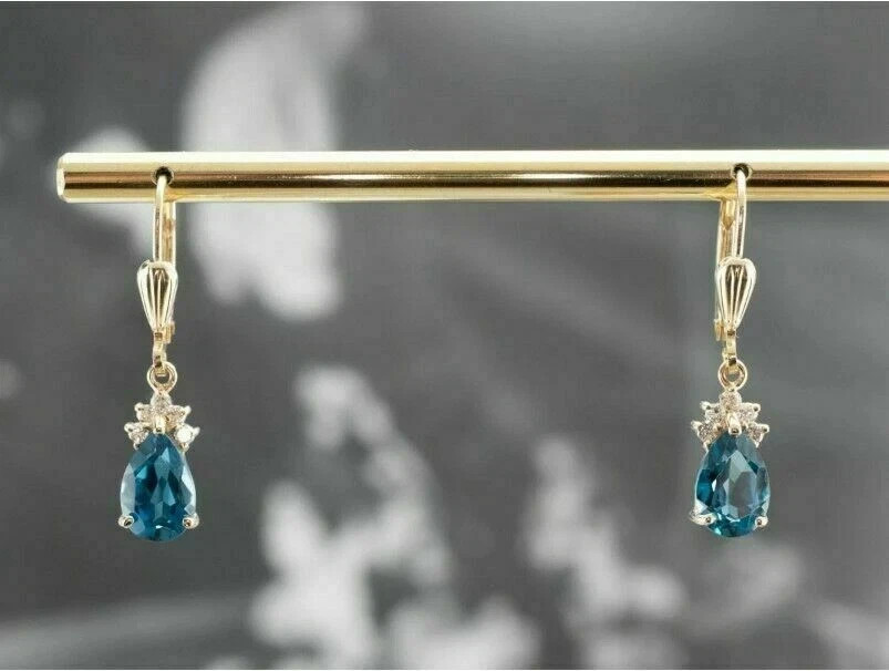 14K Yellow Gold Plated 3Ct Pear Simulated London Blue Topaz Drop-Dangle Earrings
