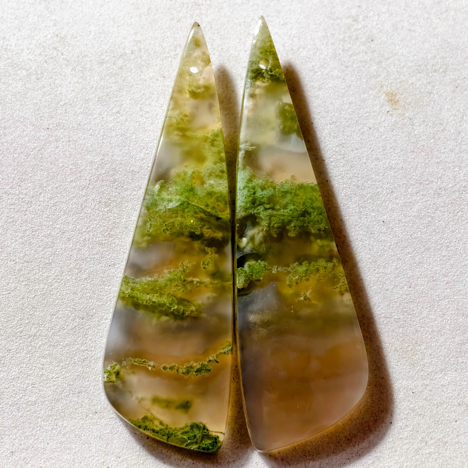 56 Cts Natural Moss Agate Drilled Match Pair Cabochon Gemstone 51.9 X 15.2 MM