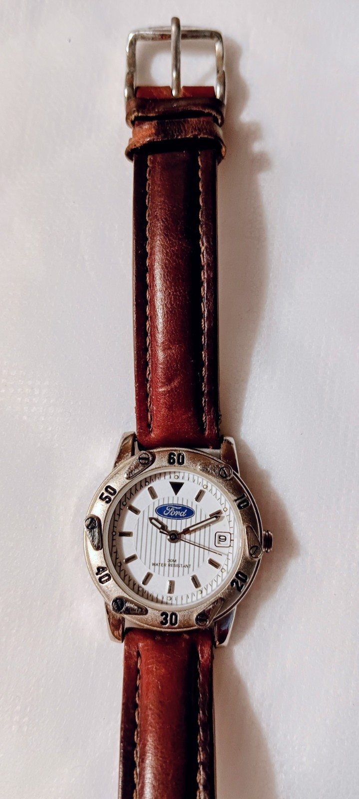 Ford Motor Company Quartz Analog Date White Logo Dial SS Brown Leather 30m