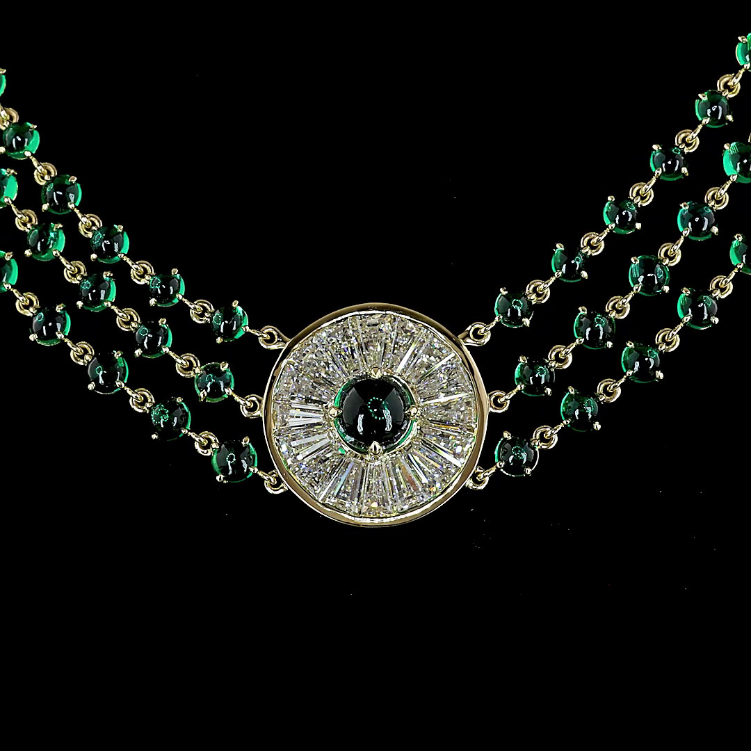 Lab-Grown 7.69 Carat Round Green Emerald Diamond 14K YG Statement Necklace