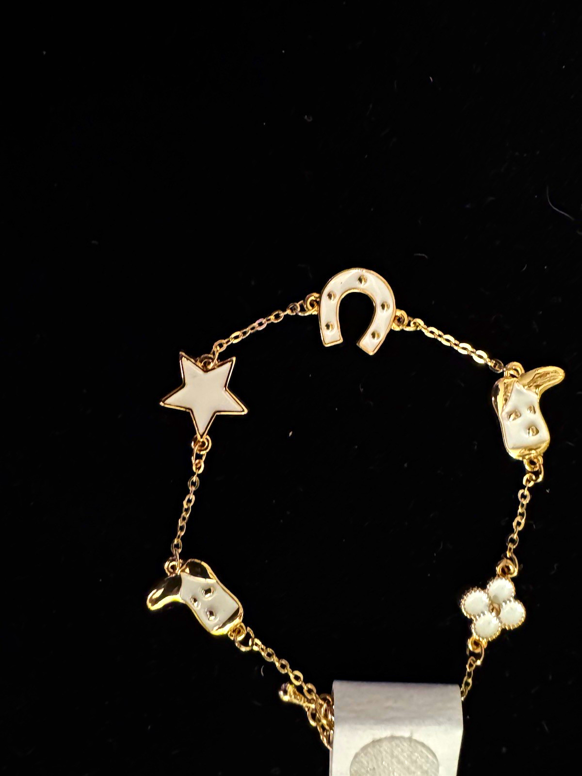 Gold Tone White Enamel Cable Chain Charm Bracelet Dangle Star Horseshoe Hat Boot