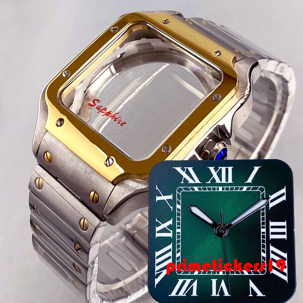 38mm Square Watch Case+Band+Dial Hands Set Fit NH35 NH36 NH38 Transparent Back