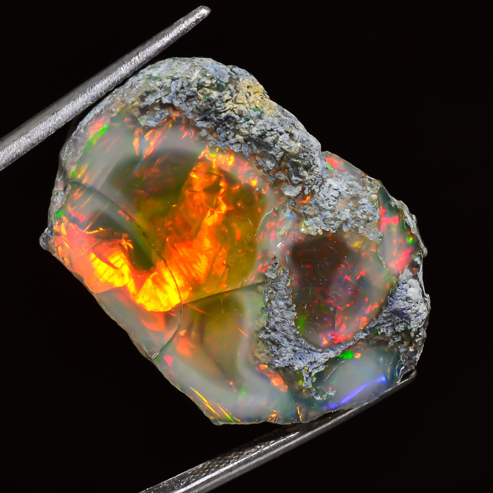 100% Natural 39.80 CT ETHIOPIAN Black OPAL ROUGH , Welo Fire Gemstone 21X30X13mm