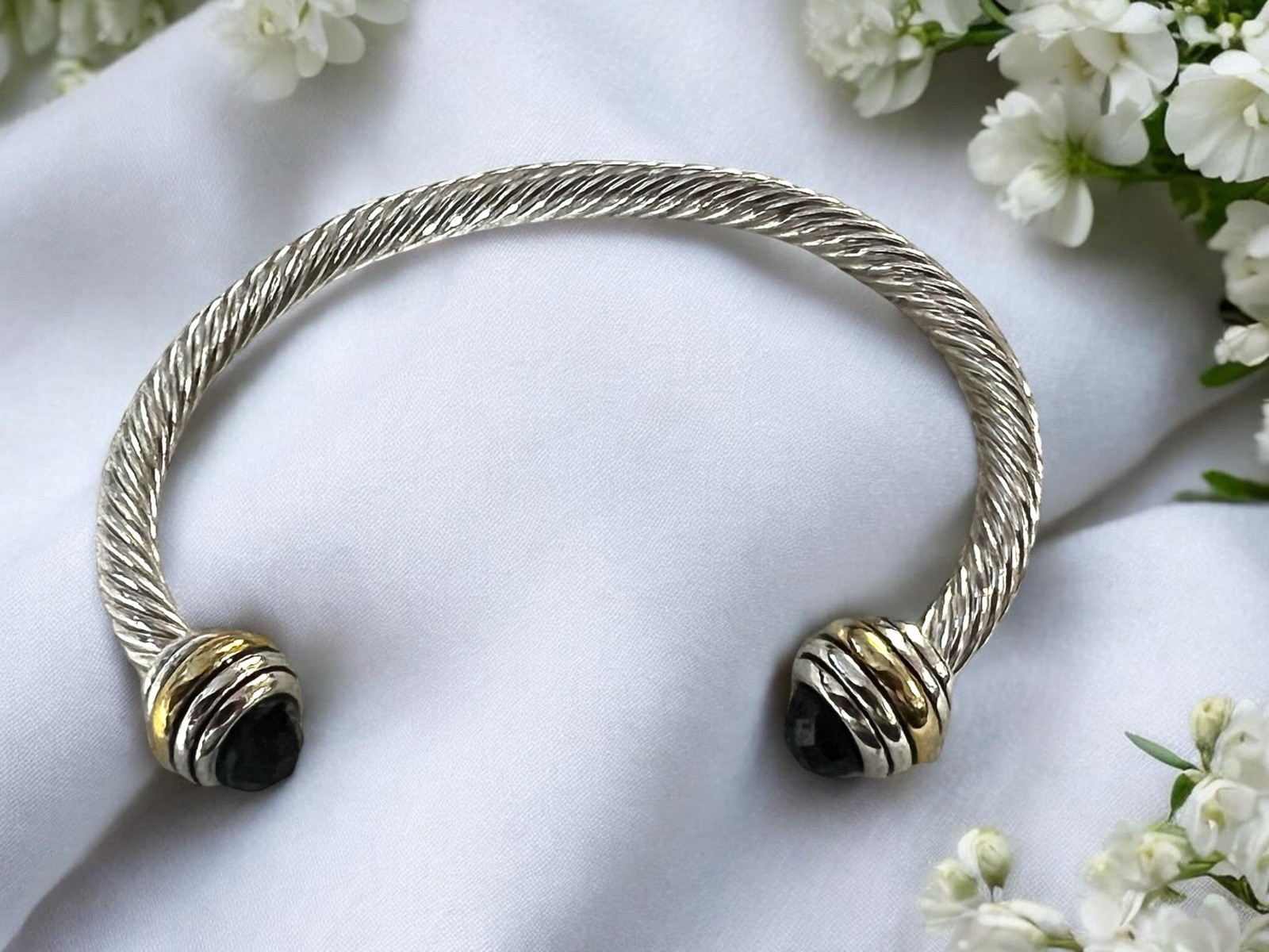 Silver Tone Twisted Open Cuff Bracelet with Black Faceted Stone Ends