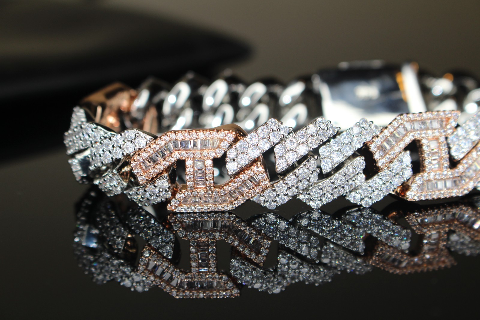 14k STAMPED 14mm FIGARUCCI Cuban 18ct Lab VVS1 Sim Diamonds ROSE 2-Tone Bracelet