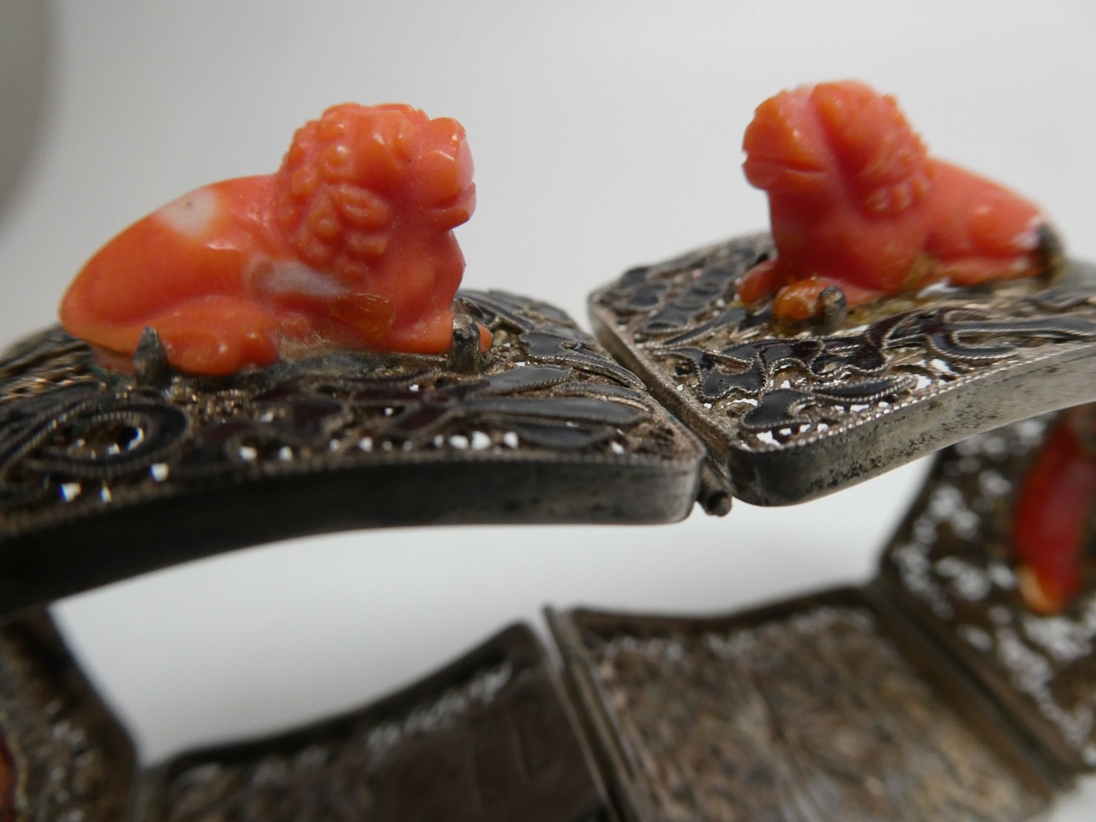 Vintage Chinese Export RARE Coral Lion Enamel Gilded Silver Bracelet Size 6.5″