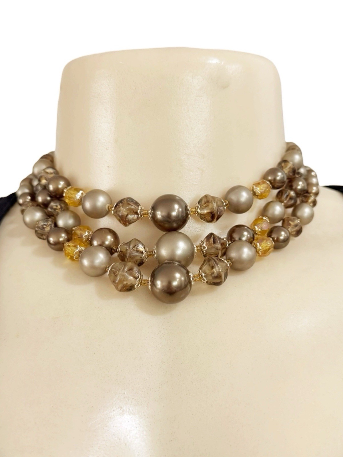 Vintage 3-Strand Simulated Pearl & Amber Bib Style Choker Statement Necklace