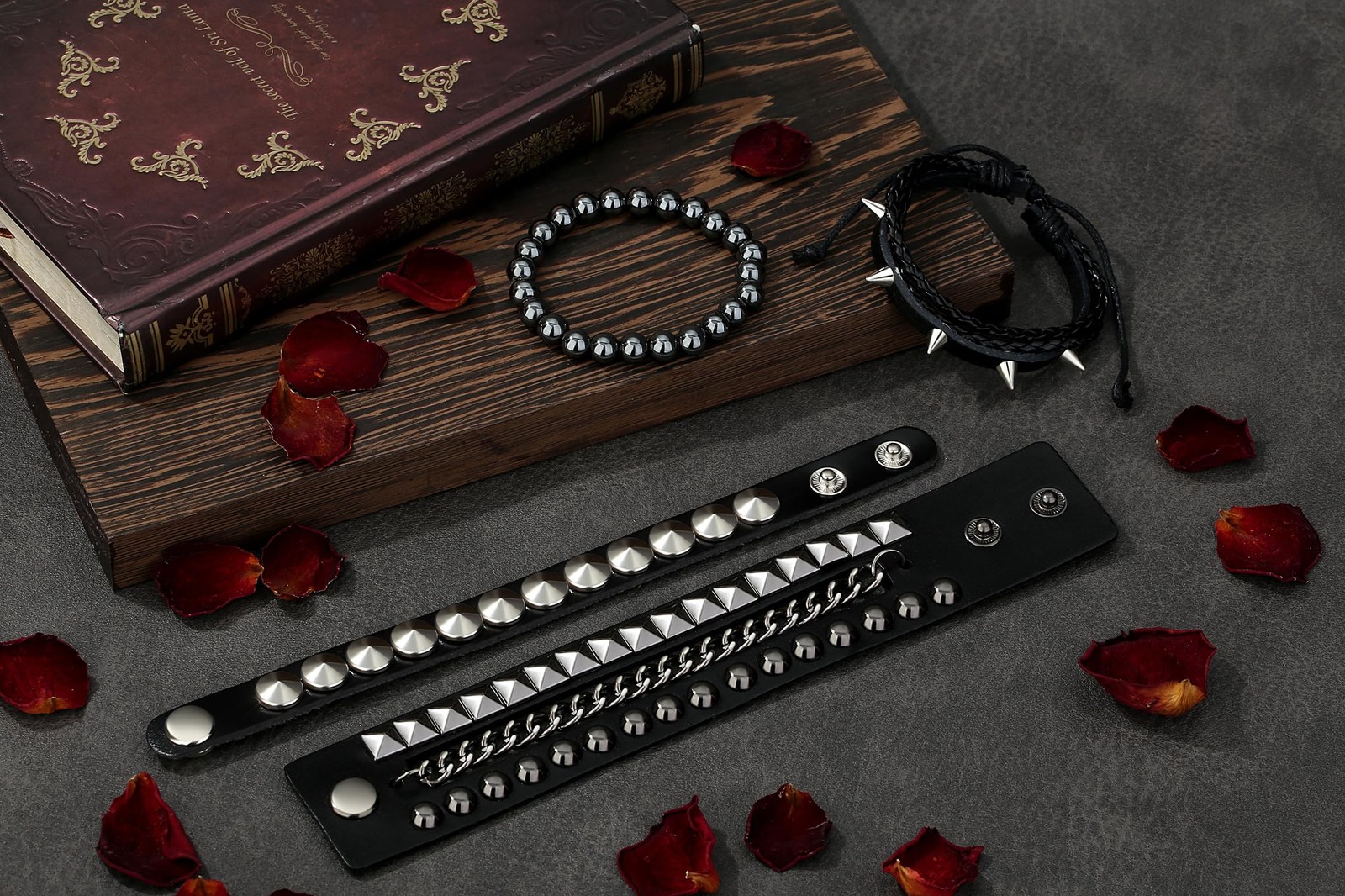 Sahoottie 4Pcs 7.2-7.8in Emo Studded Bracelets for Men Women Large, Black-A03