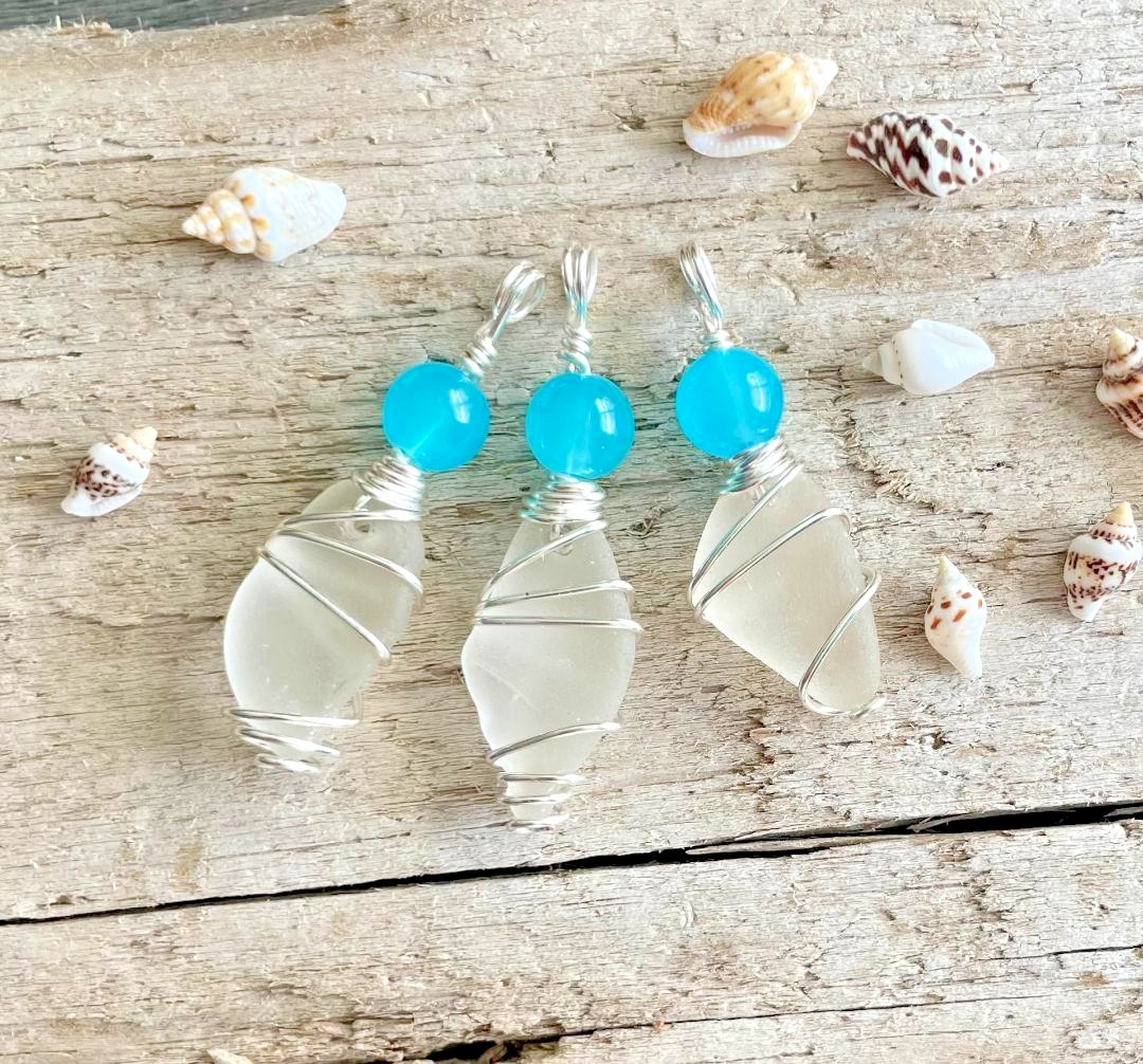 3 Frosted SEA GLASS Beach Glass Necklace Pendants! Silver Wire Wrap & Beaded