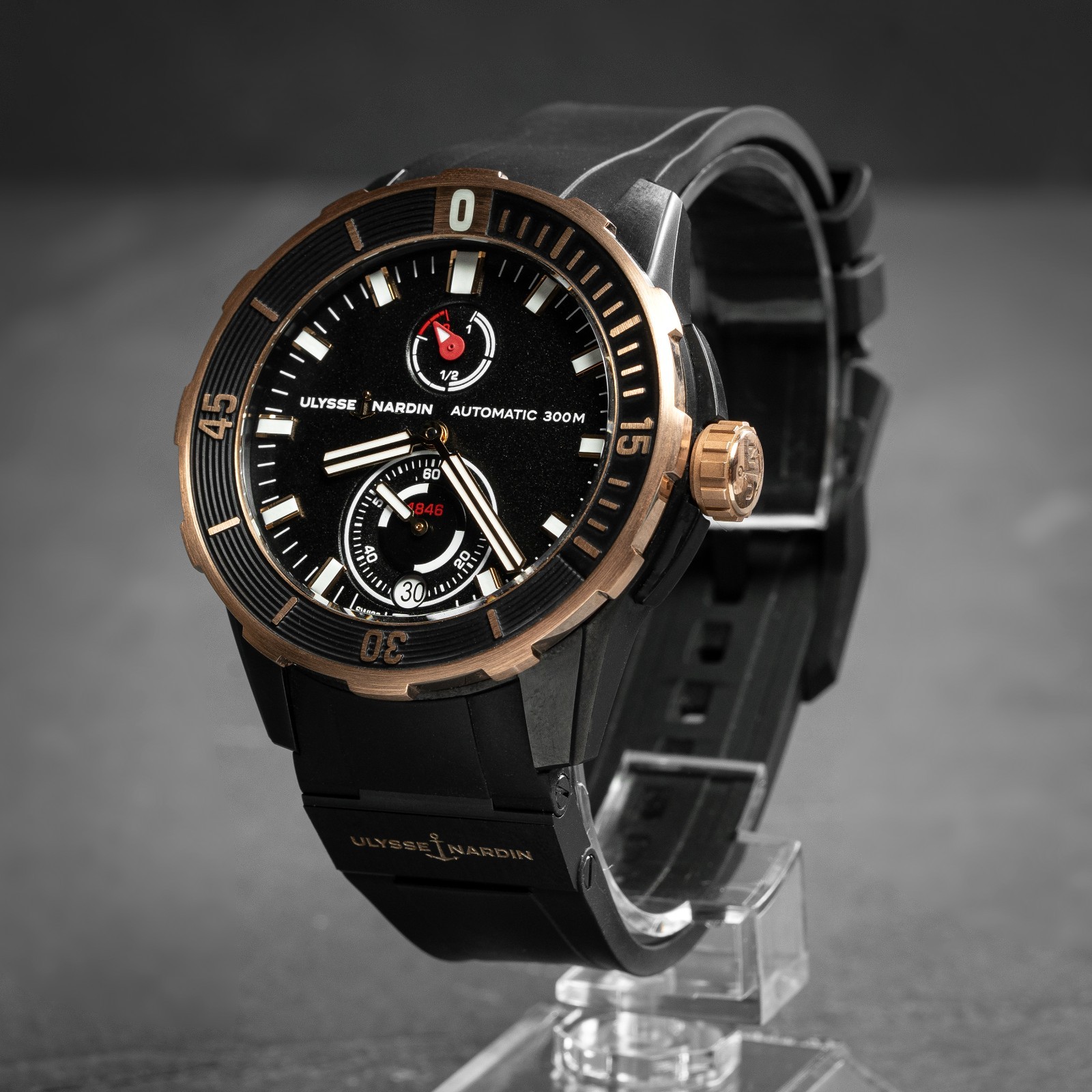 UN Diver 18k Rose Gold and PVD Titanium 300m, Complete Set Excellent Condition