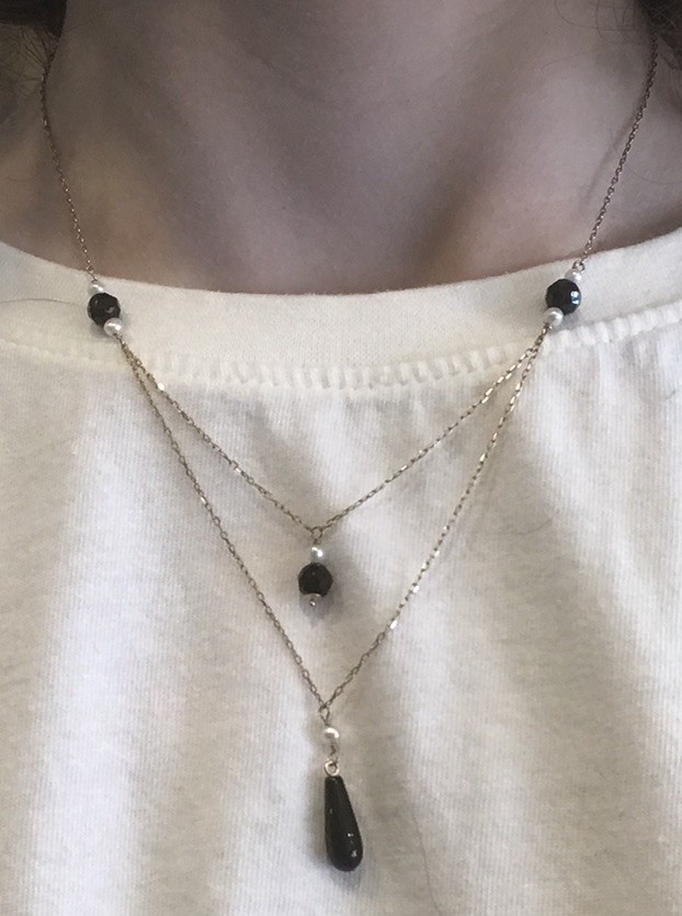 Faceted Black Onyx Teardrop Layered Necklace With Pearls 10 karat gold
