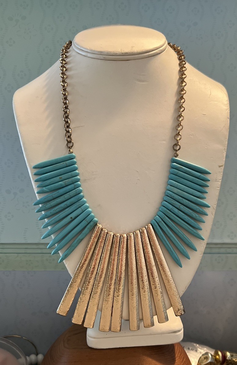 Turquoise Spike GOLDTONE Necklace 19” With 3” Extender Tribal Boho Egypt Rev