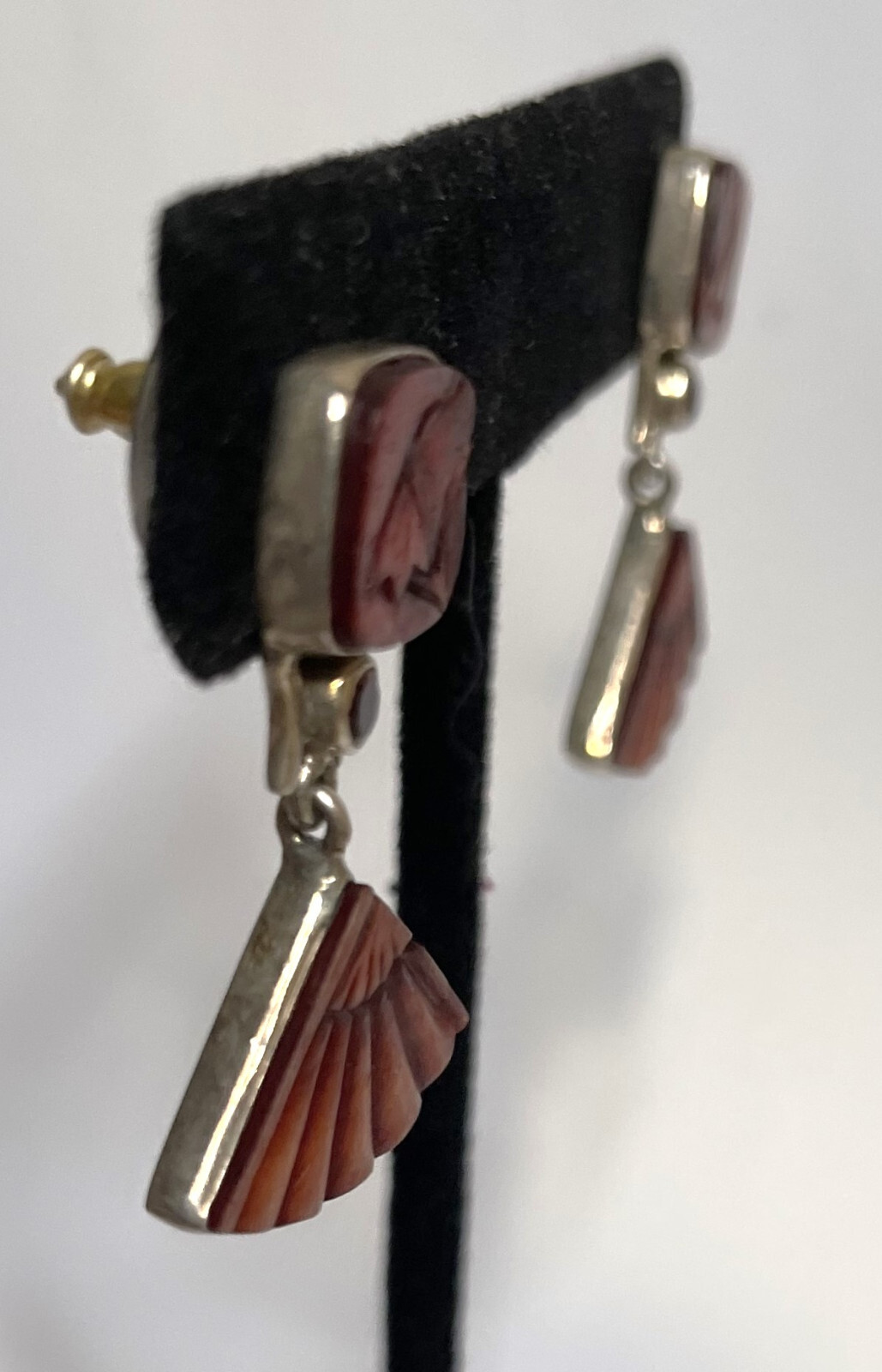 JLR Janice Lee Ripley Carved Cinnabar Garnet Earrings Sterling Flowers Flower