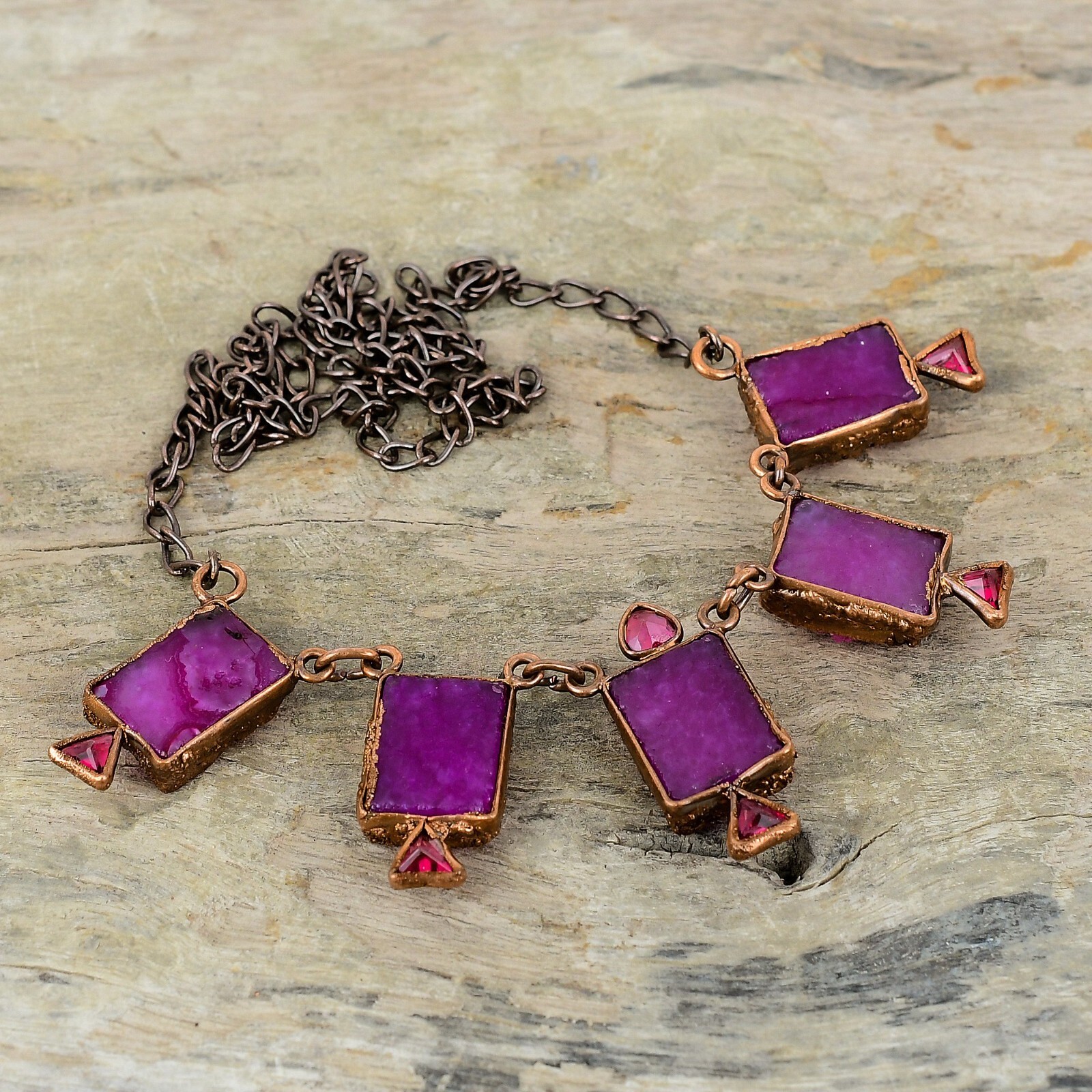 Pink Druzy Copper Electroformed Chain Adjustable Necklace For Women 18.0″