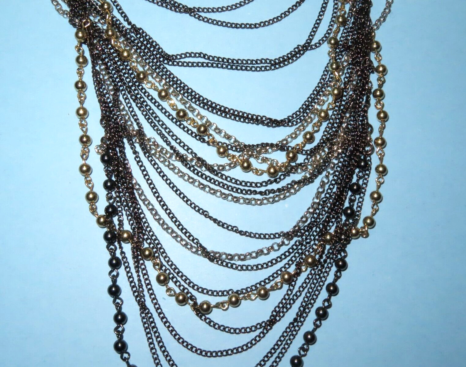 Black, Silver & Gold Tone Multi Strand Statement Necklace 40″ Long