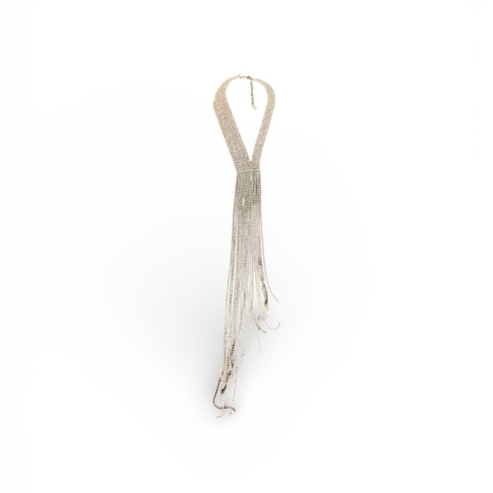 Anthropologie Silver Rhinestone Fringe Statement Necklace NWOT