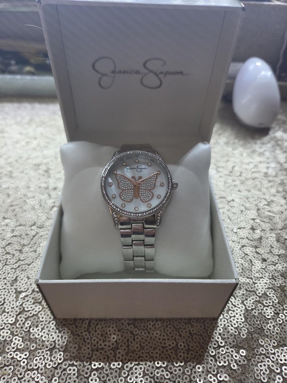 Jessica Simpson Silver-Tone Crystal Butterfly Watch with Mother of Pearl Dial