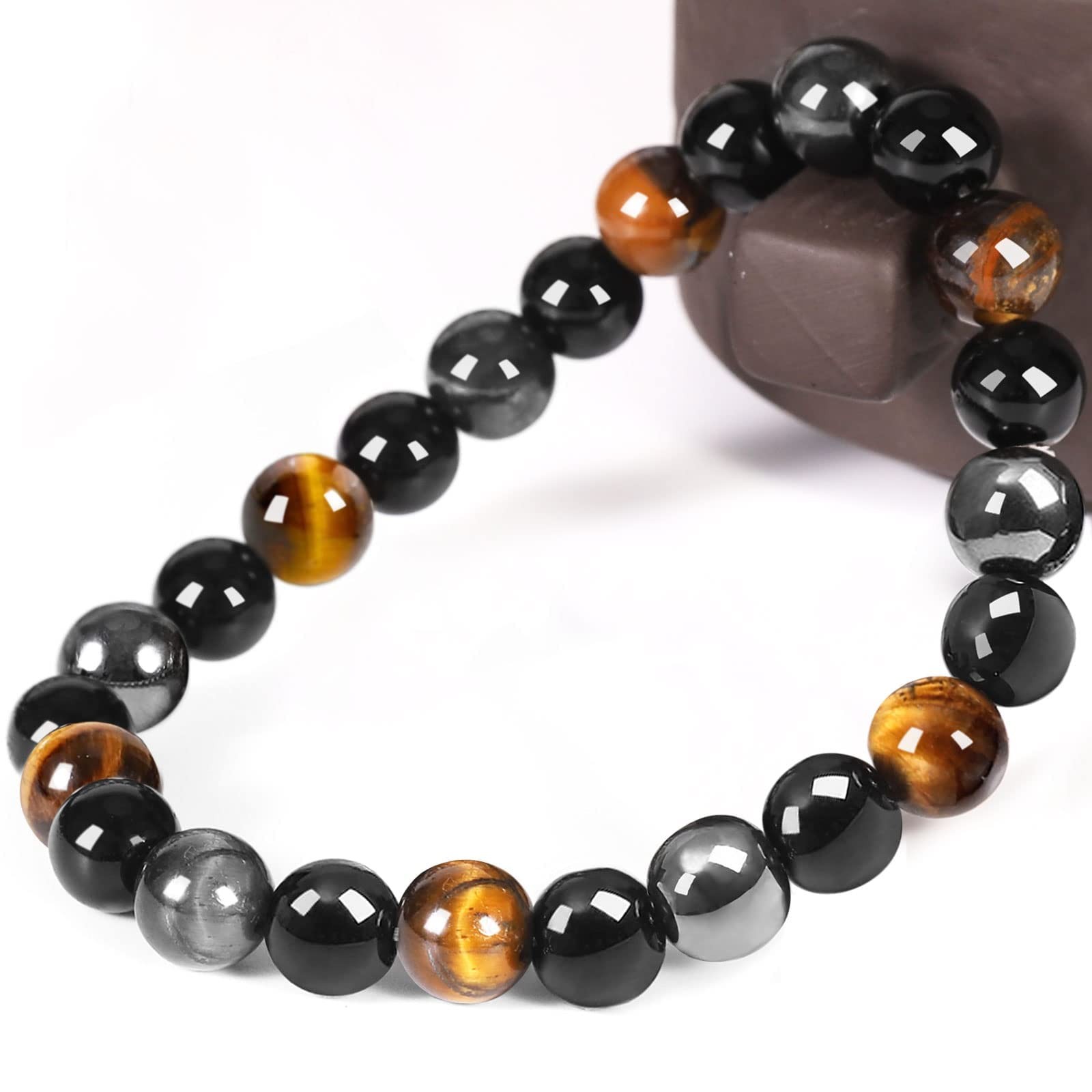 Triple Protection Bracelet, Tigers Eye – Black Obsidian and Hematite Beaded B…