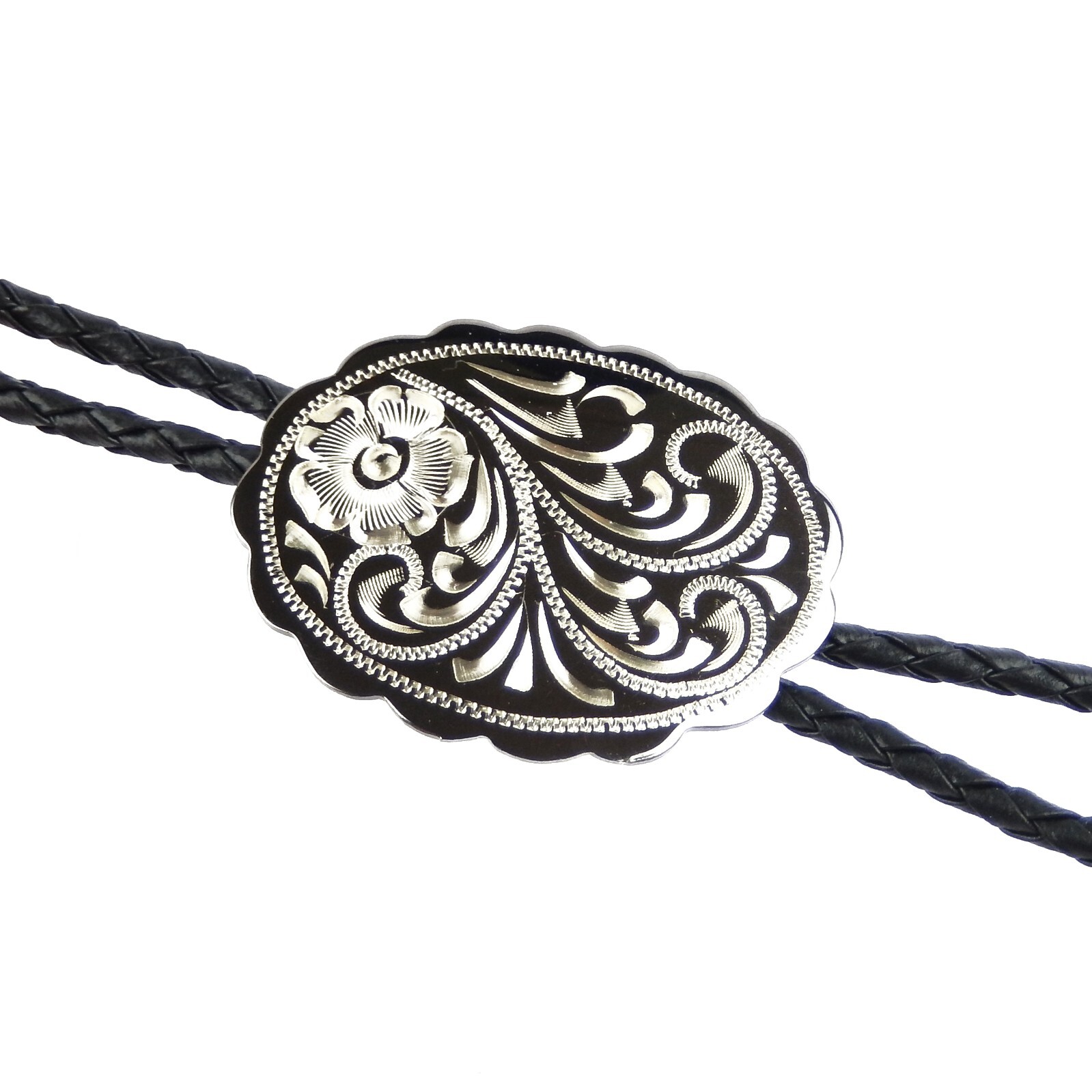Engraved Floral Bolo Tie Adjustable 36″ Cord USA Made Western German Silver