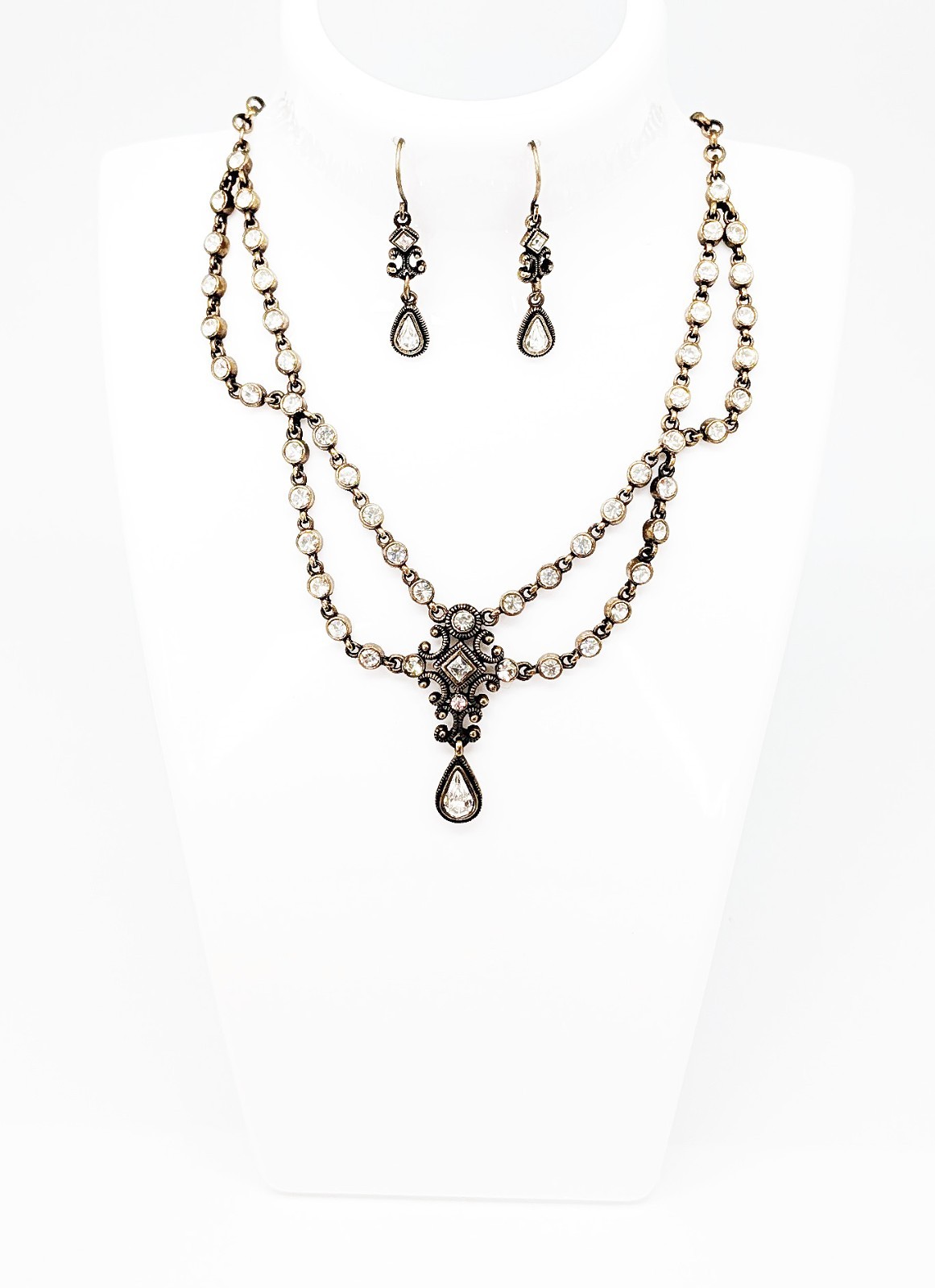 DESIGNER INSPIRED 19 in CLEAR CRYSTAL VICTORIAN DROP BRONZE TONE JEWELRY SET NEW