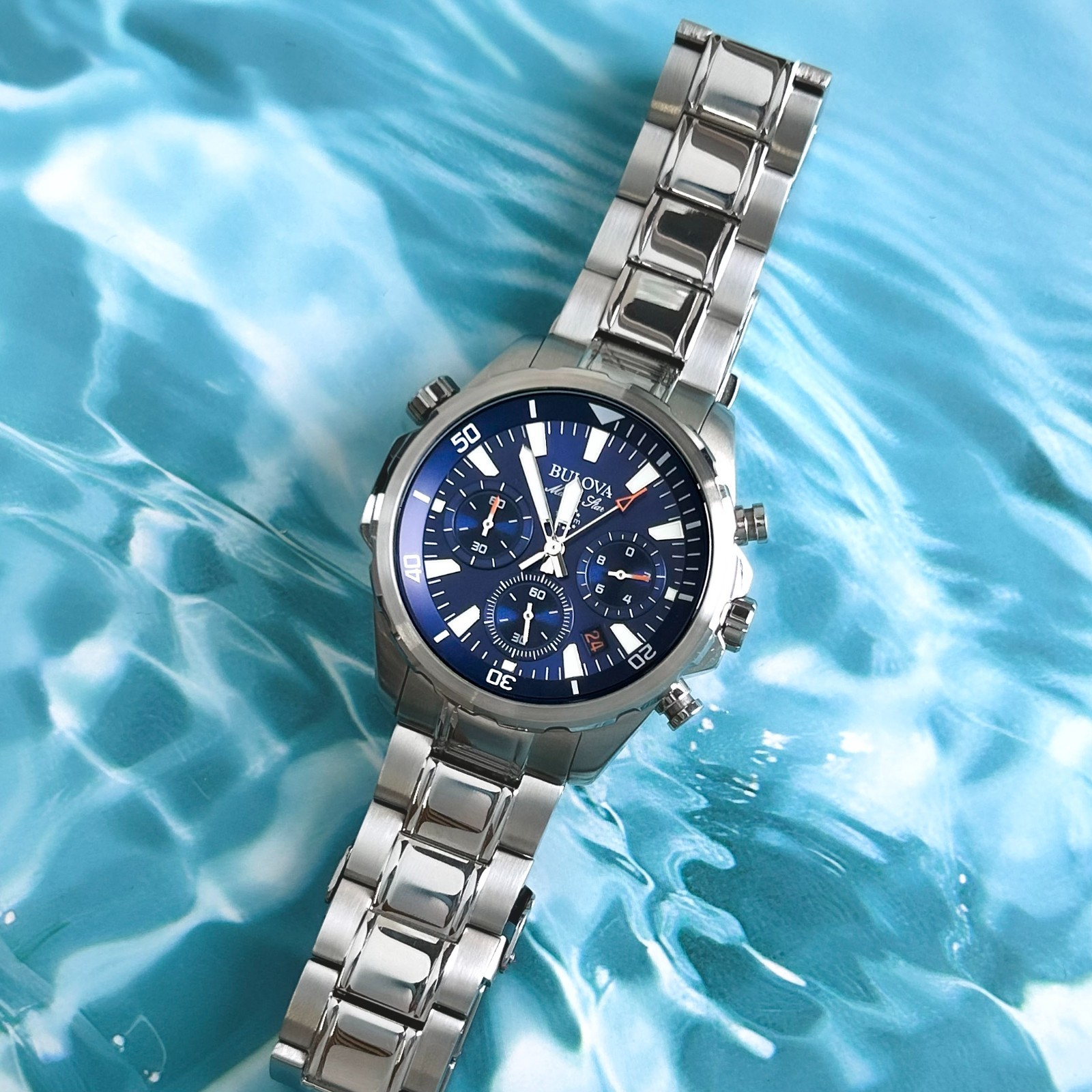 Bulova Classic Marine Star Chronograph Blue Dial Stainless Steel Men Watch 43MM