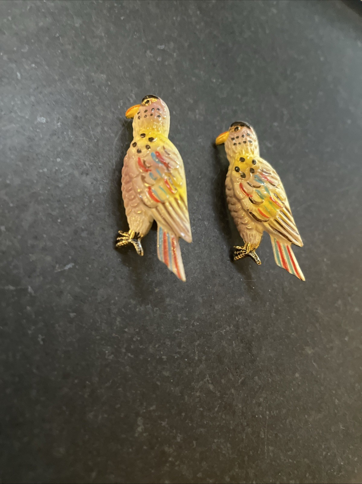 Pair Of Vintage Metal And Enamel Korean Bird Pins/brooches