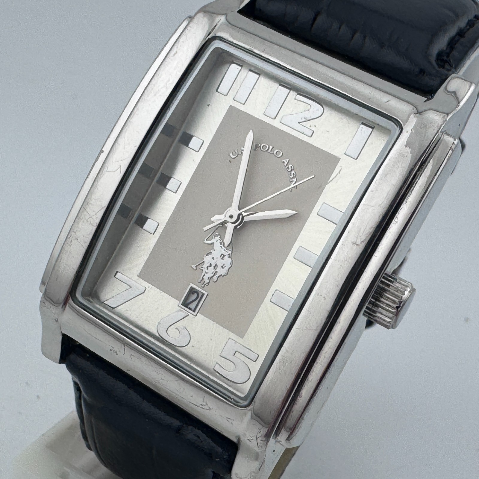 U.S. Polo Assn. Quartz Watch Men Silver Black Rectangle Date Analog New Battery