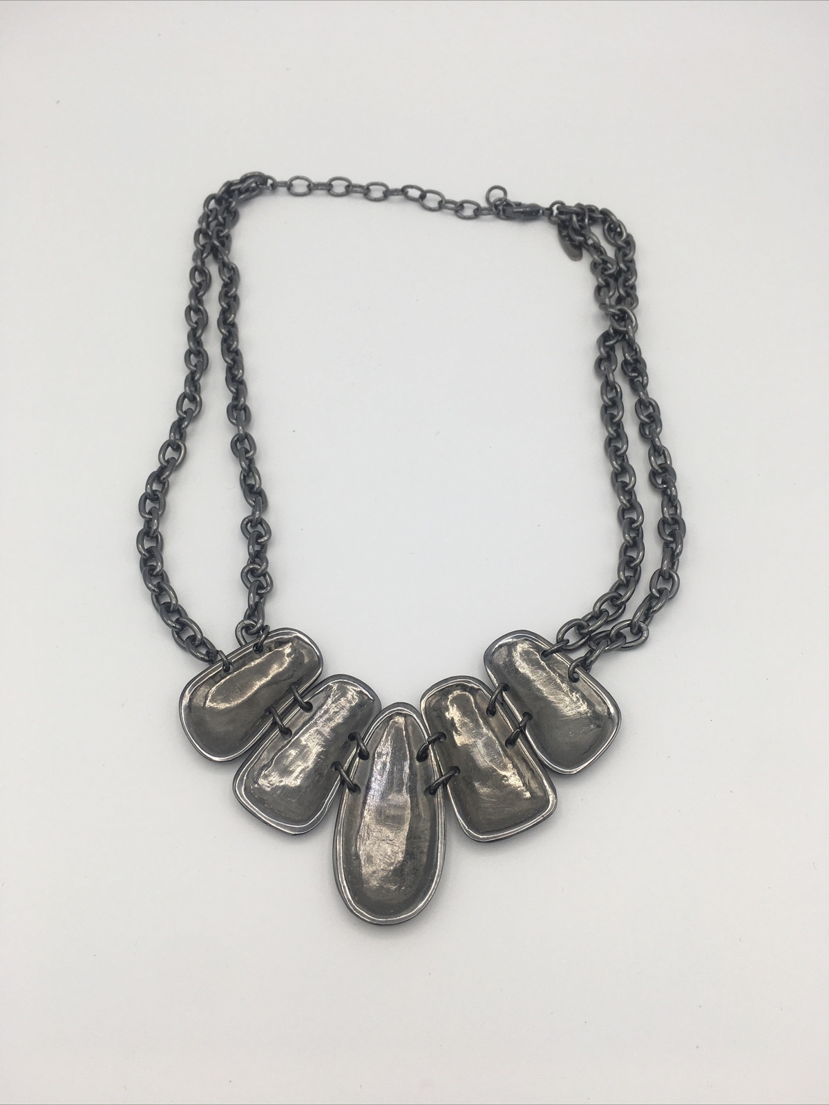 NY Gunmetal Necklace Shiny Charcoal Gray Chain Link Oval Pendants Costume