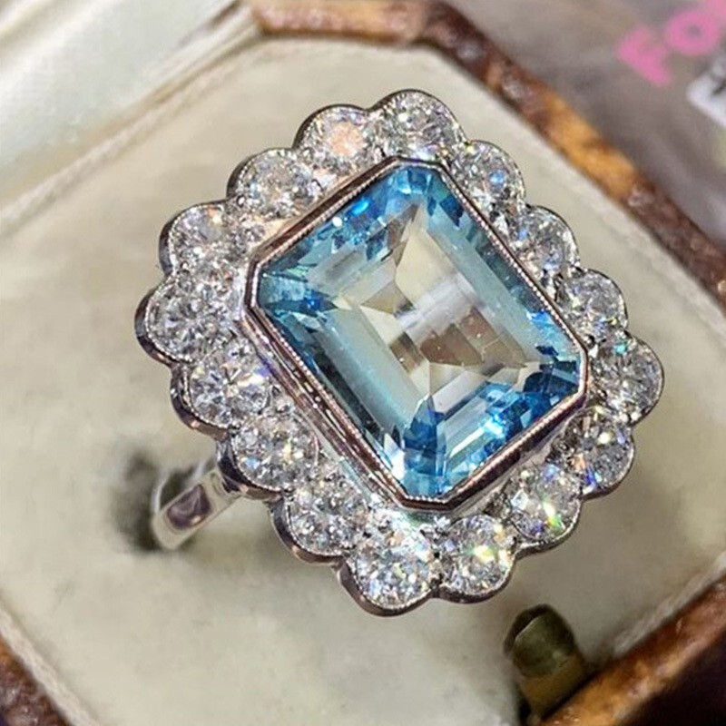 2.5 Ct Simulated Aquamarine Silver Plated Aesthetic Vintage Style Women Ring