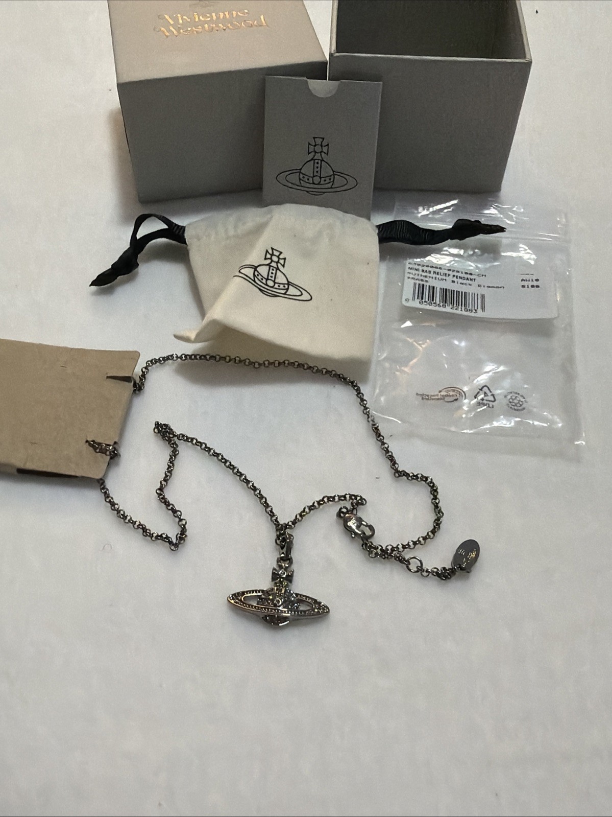 Vivienne Westwood Mini BAS RELIEF PENDANT Black Diamond Ruthenium 100% AUTHENTIC