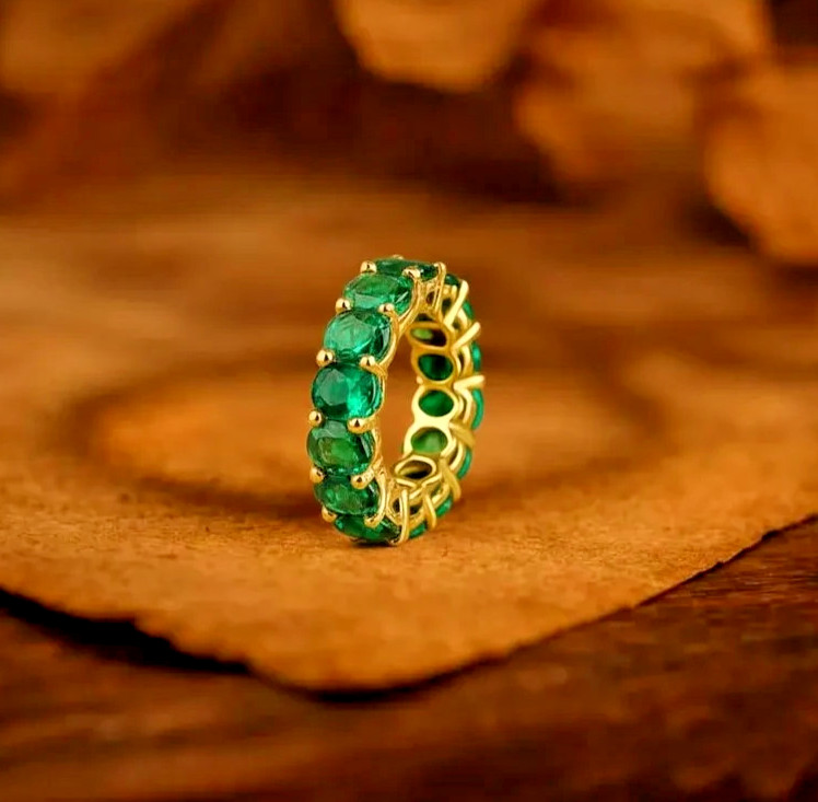 6.00Ct Oval Cut Natural Emerald Diamond Solid 14K Yellow Gold Eternity Band Ring