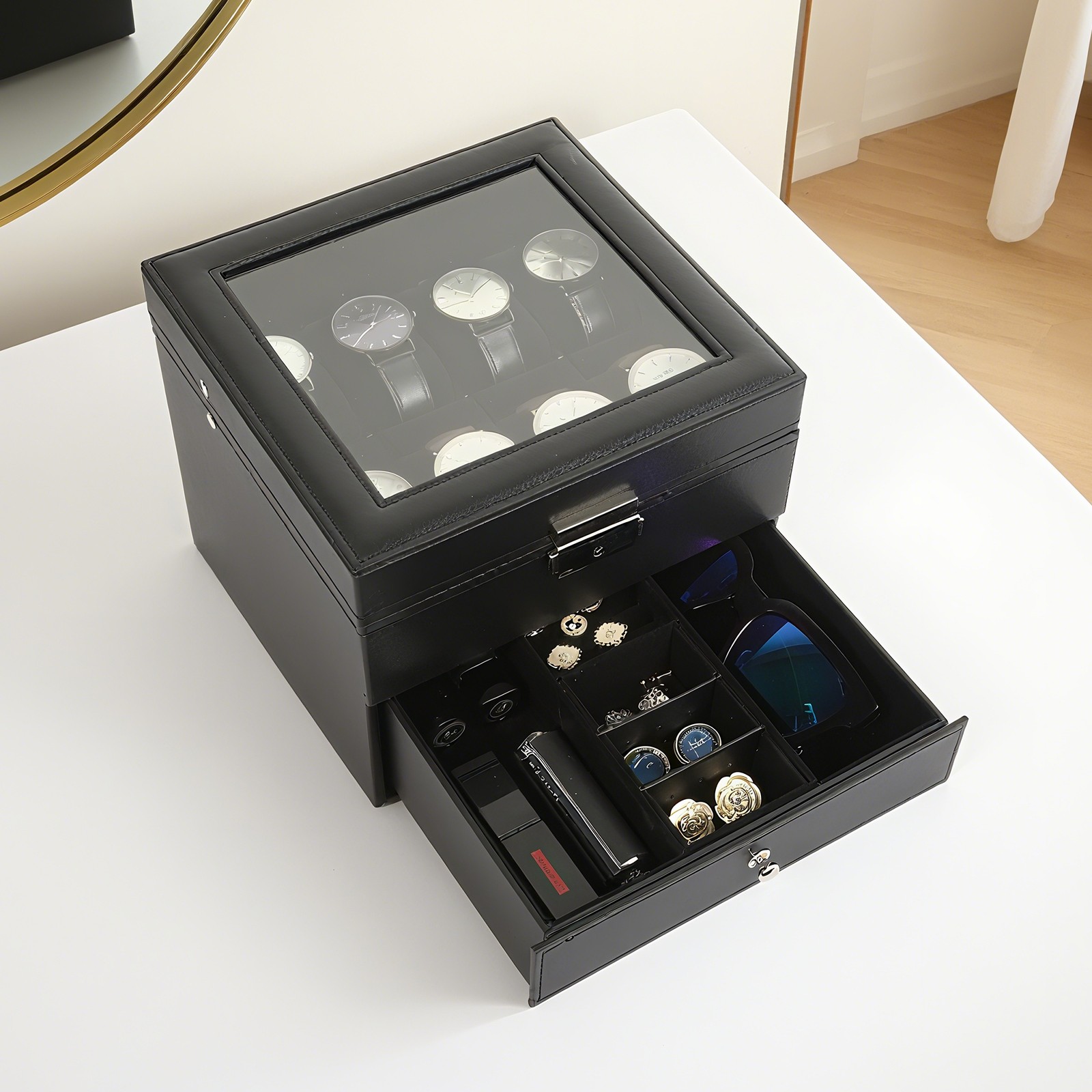 8-Slot Watch Box Lockable Watch Case 2 Layers with 1 Drawer for Rings Watch Gift