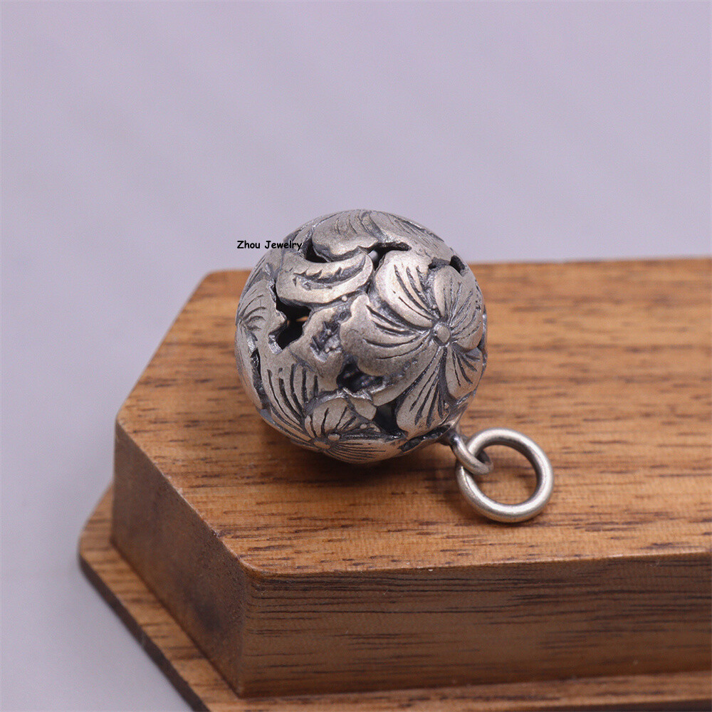 Real S925 Sterling Silver Men Women Openwork Flower Round Ball Pendant 4.8-5g