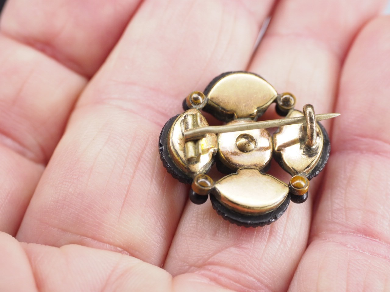 Antique jet Black Carved, Textured Glass Mourning Brooch Victorian Flower Pin