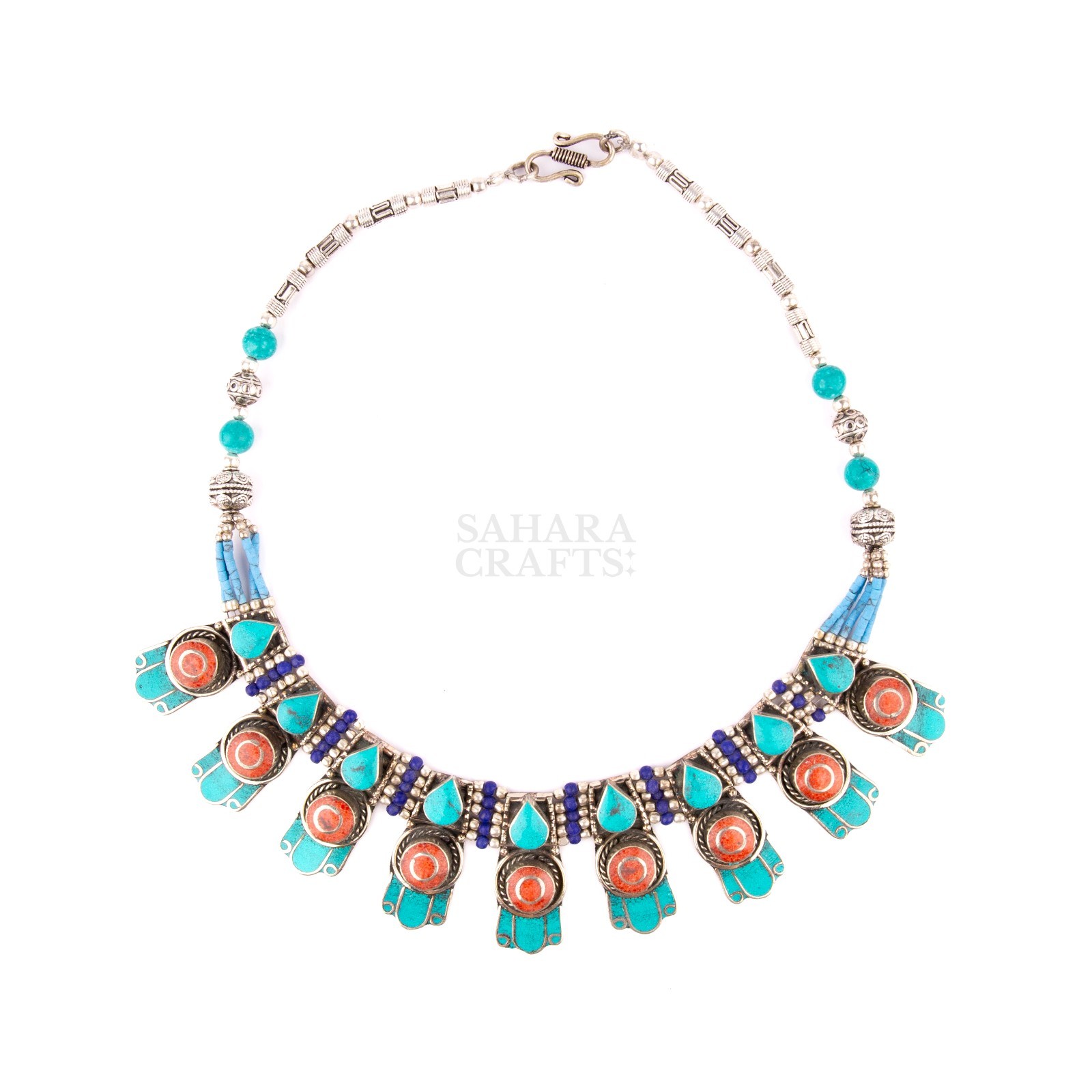 Traditional Tibetan Turquoise Coral Lapis Necklace, Handmade Ethnic Tribal
