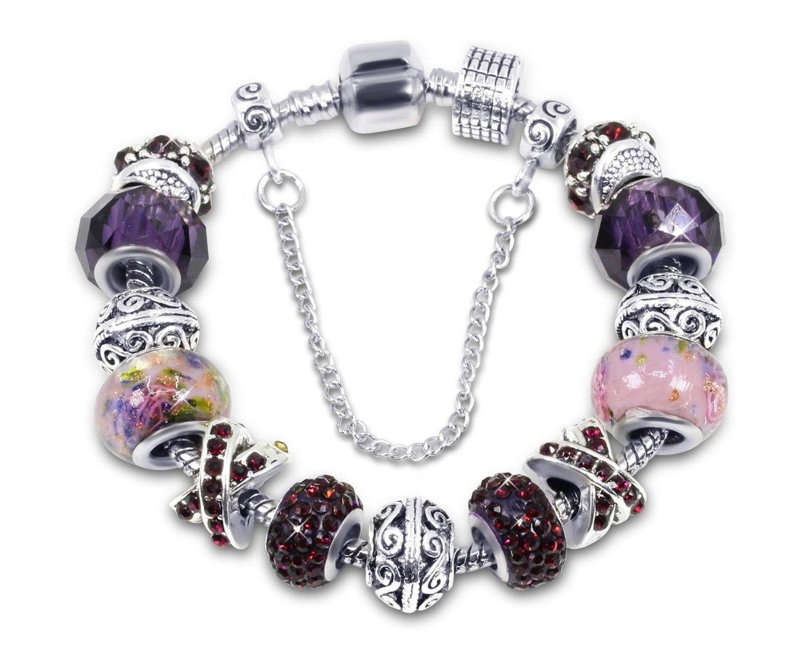 18K White Gold Plated Purple Crystal Charm Bracelet Made with Swarovski Elements