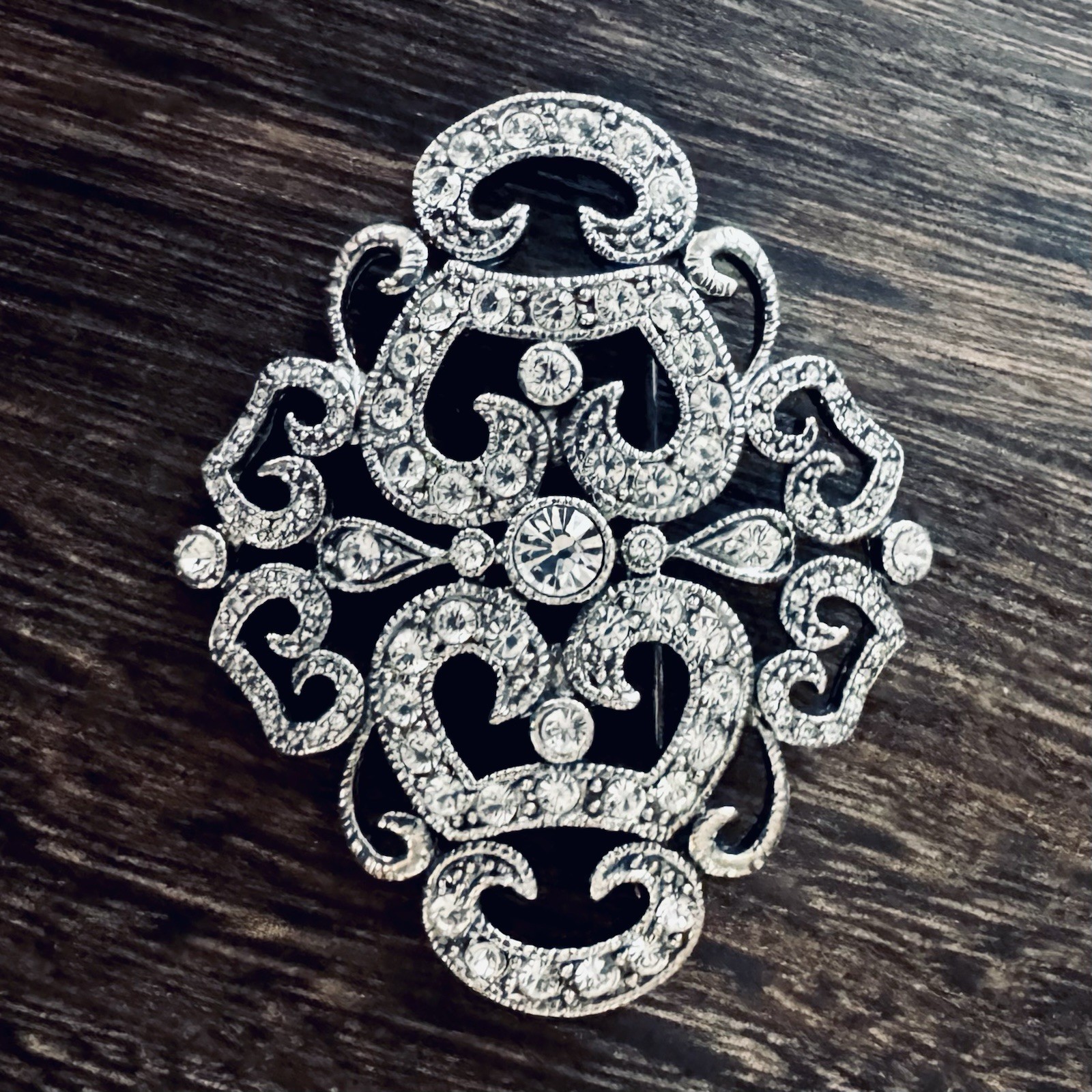 Silver Scroll Filigree Brooch Pin w/ Swarovski Crystals by JBK Camrose & Kross