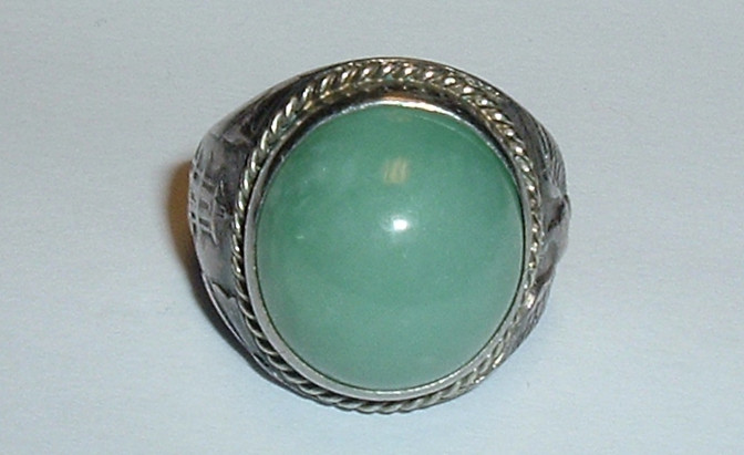 Antique Chinese EXPORT ‘SILVER’ JADE DOME RING *Phoenix Bird *Pagoda *Size; 9