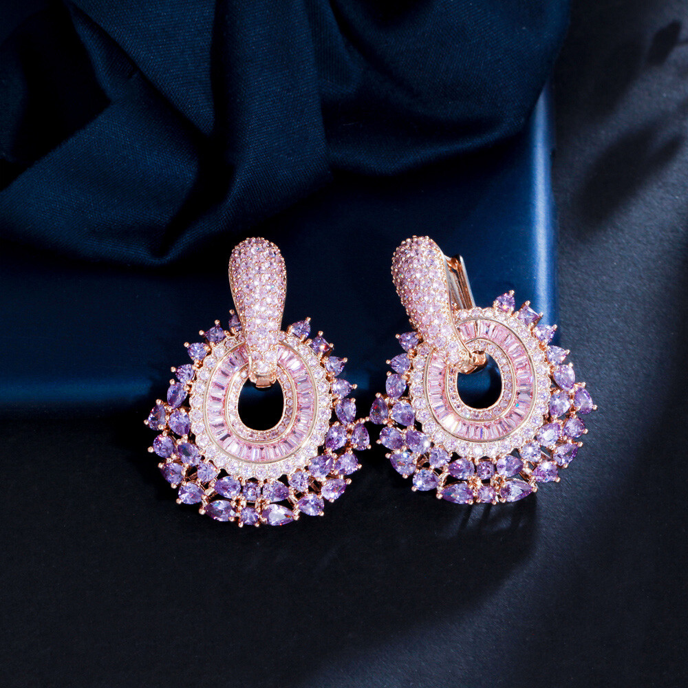 Dainty Double Use Round CZ Big Purple Drop Cluster Dangle Earrings Gold Jewelry
