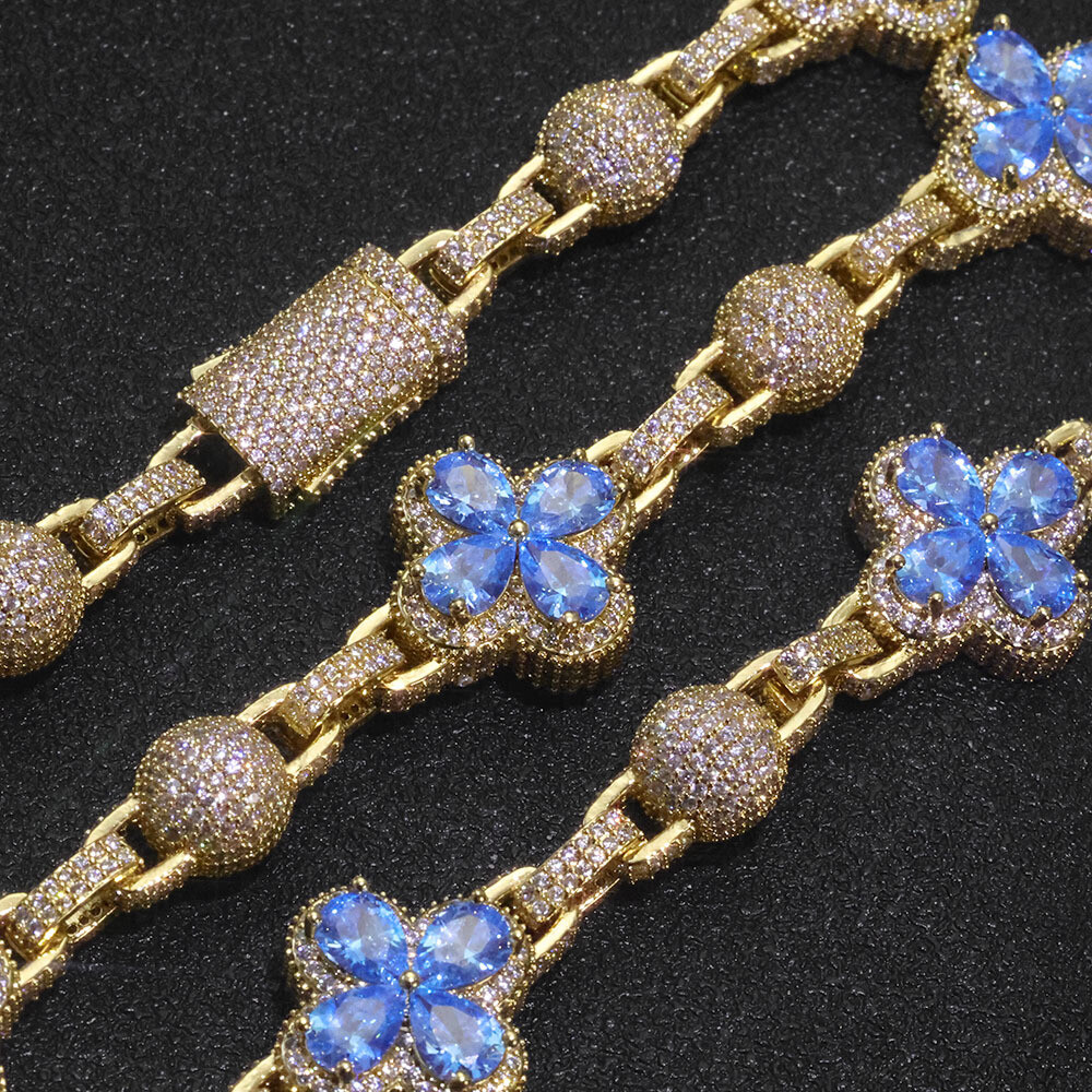 10mm Women’s Four-leaf Clover Iced CZ Out Tennis Chain Bracelet Men Gold Plated