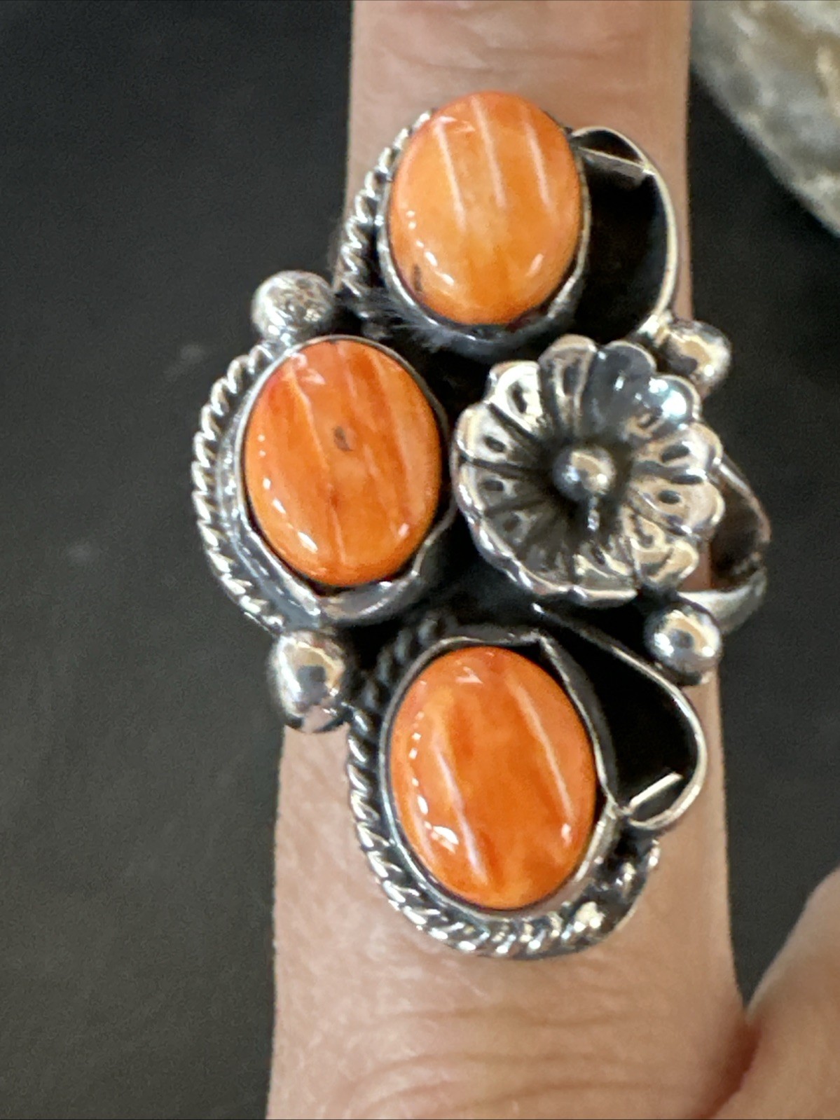 Orange Spiny Oyster Cluster Navajo Sterling Silver Ring Size 6.5 19185