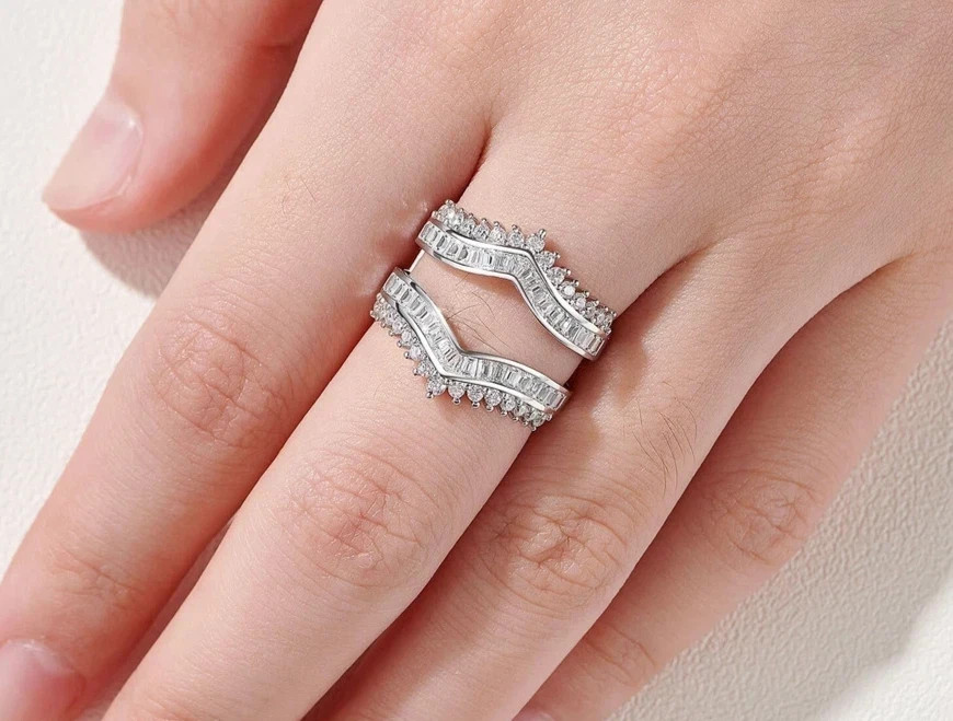 Round & Baguette Lab Created Diamond Wedding Enhancer Ring 14K White Gold Plated