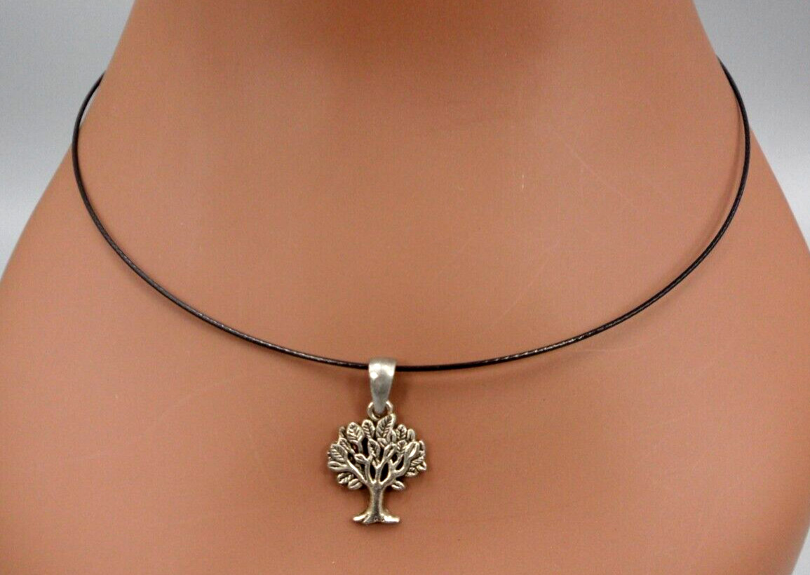 Vintage Tree Pendant Necklace Vinyl Coated Wire Choker Boho Screw Clasp 18″